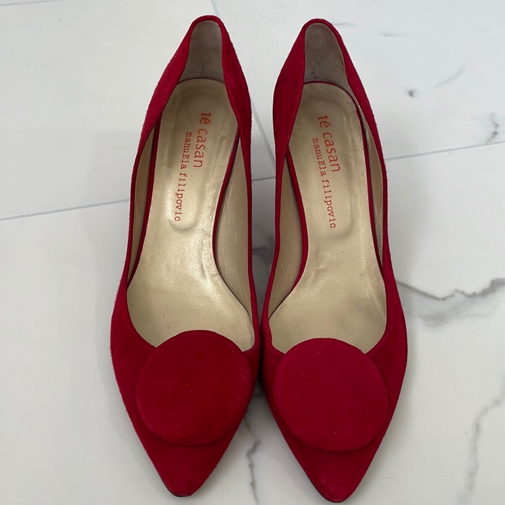 Te Casan ManuEla Filipovic Red Suede limited edition kitten heels.